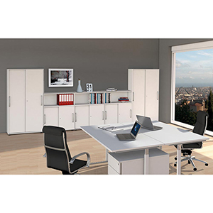 Aktenschrank mit Schiebetüren, Büroschrank, BxTxH 1000x400x1470 mm, 4 OH, 3 Böden, Edelstahlgriffe, Schloss, weiß