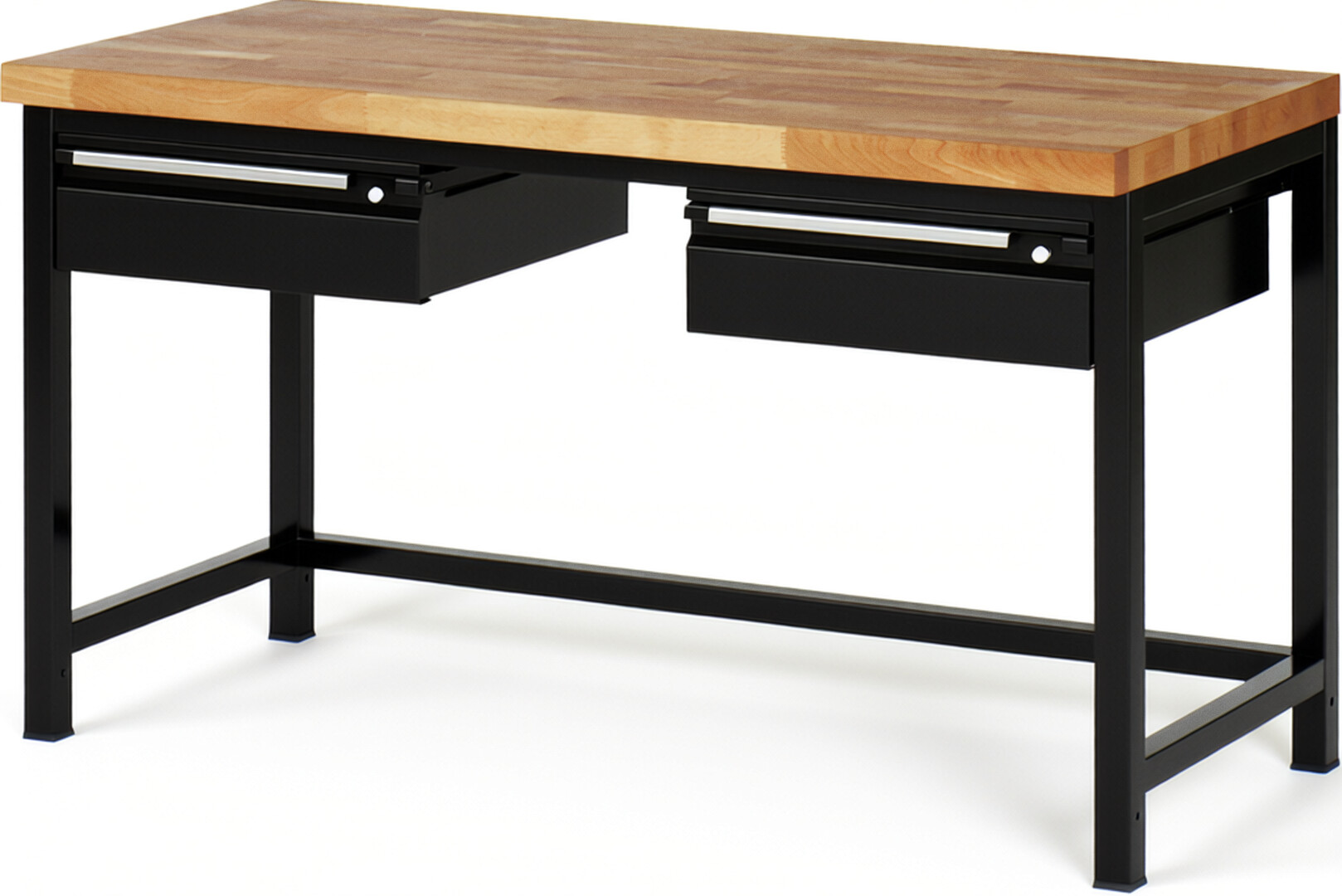 Werkbank - Modell 8002 BASIC schwarz, BxTxH 1500x700x840 mm,  Buche-Massiv Arbeitsplatte 40 mm,  2 Schubladen mit  Auszug 90 %