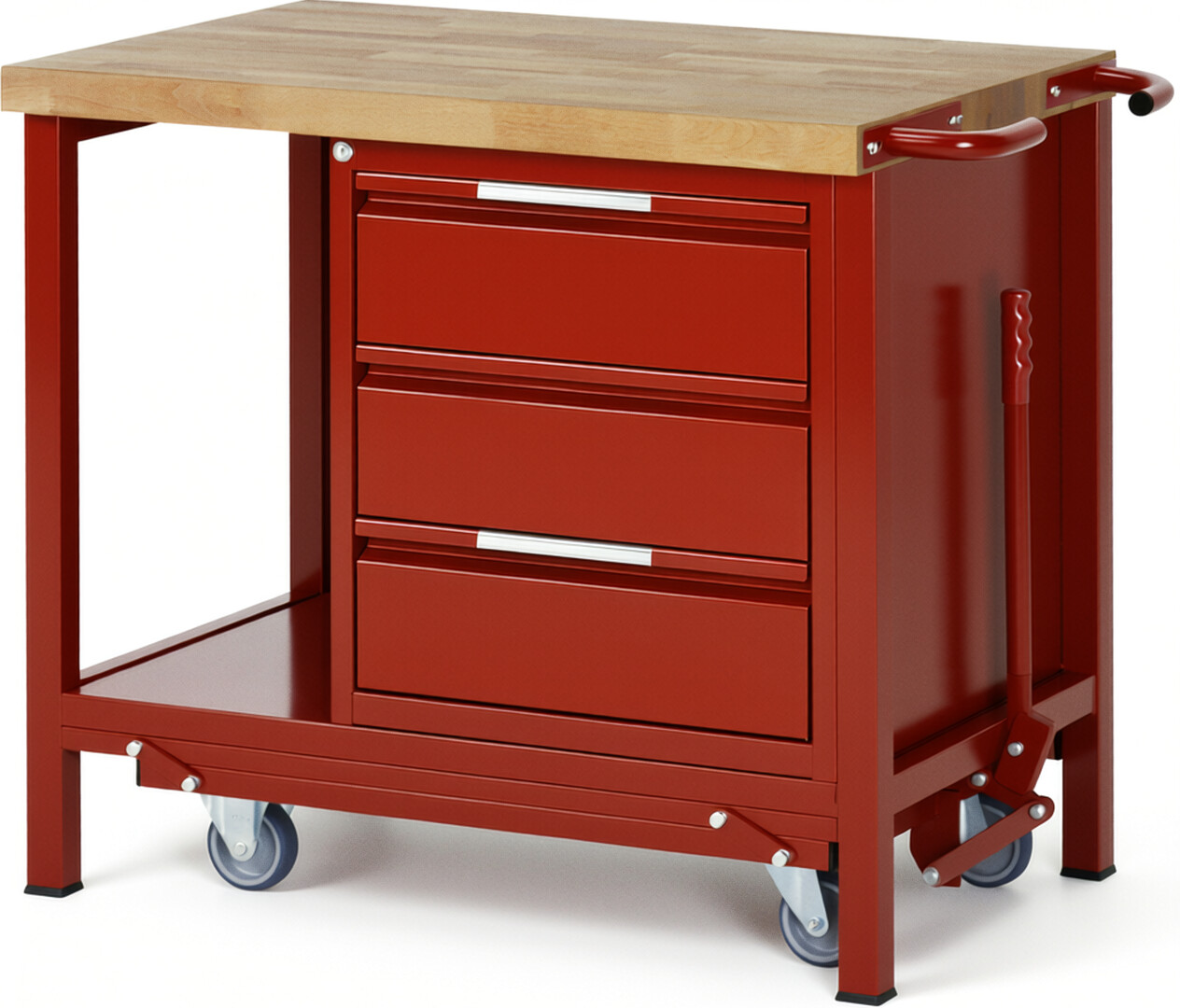 Absenkbare Werkbank - Modell 8157 BASIC rot, BxTxH 1000x700x880 mm,  Buche-Massiv Arbeitsplatte 40 mm,  3 Schubladen mit  Auszug 90 %
