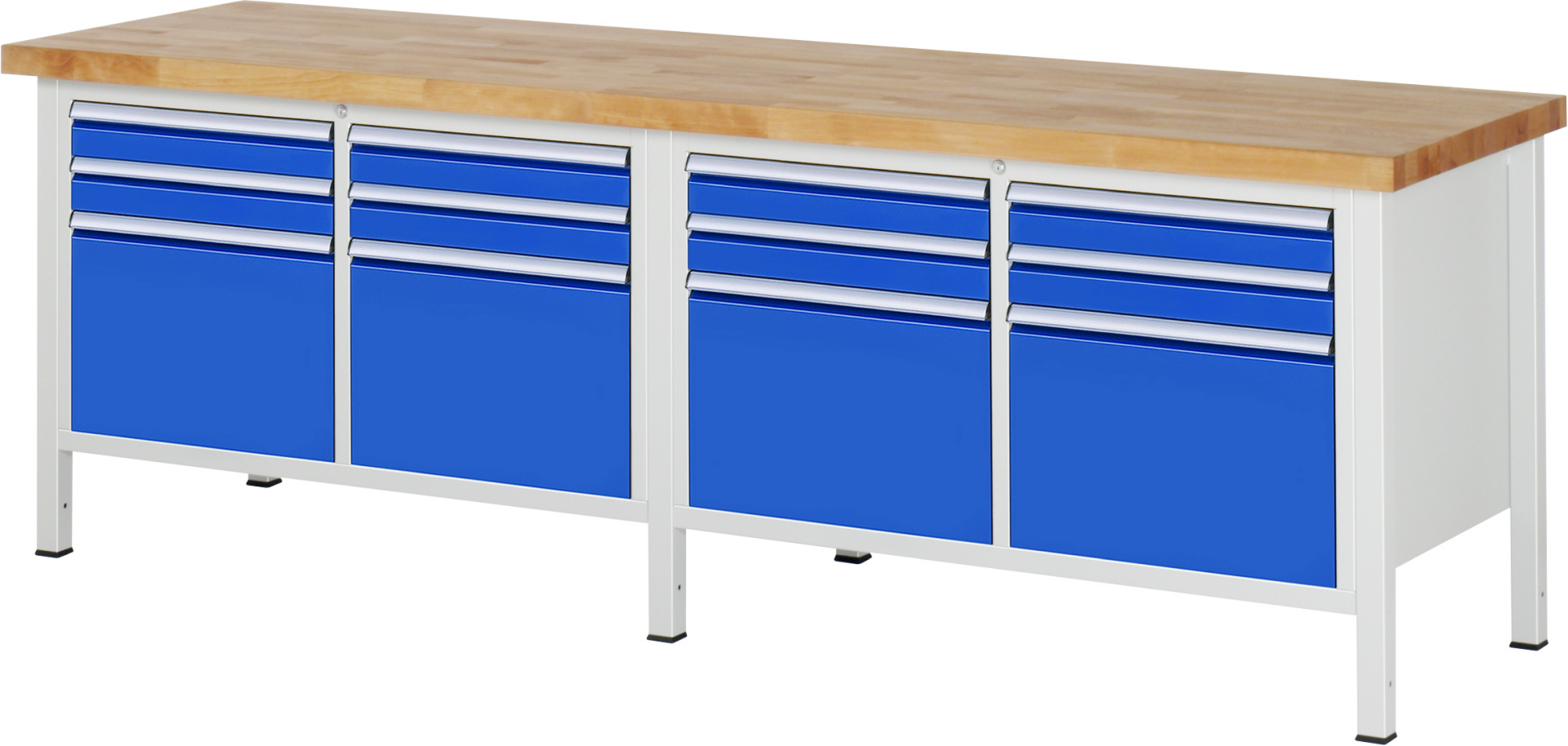 Werkbank Modell 8474 schwarz-rot, BxTxH 2500x700x840-1040 mm,  Buche-Massiv Arbeitsplatte 40 mm,  12 Schubladen mit  Vollauszug 100 % und  SoftClosing