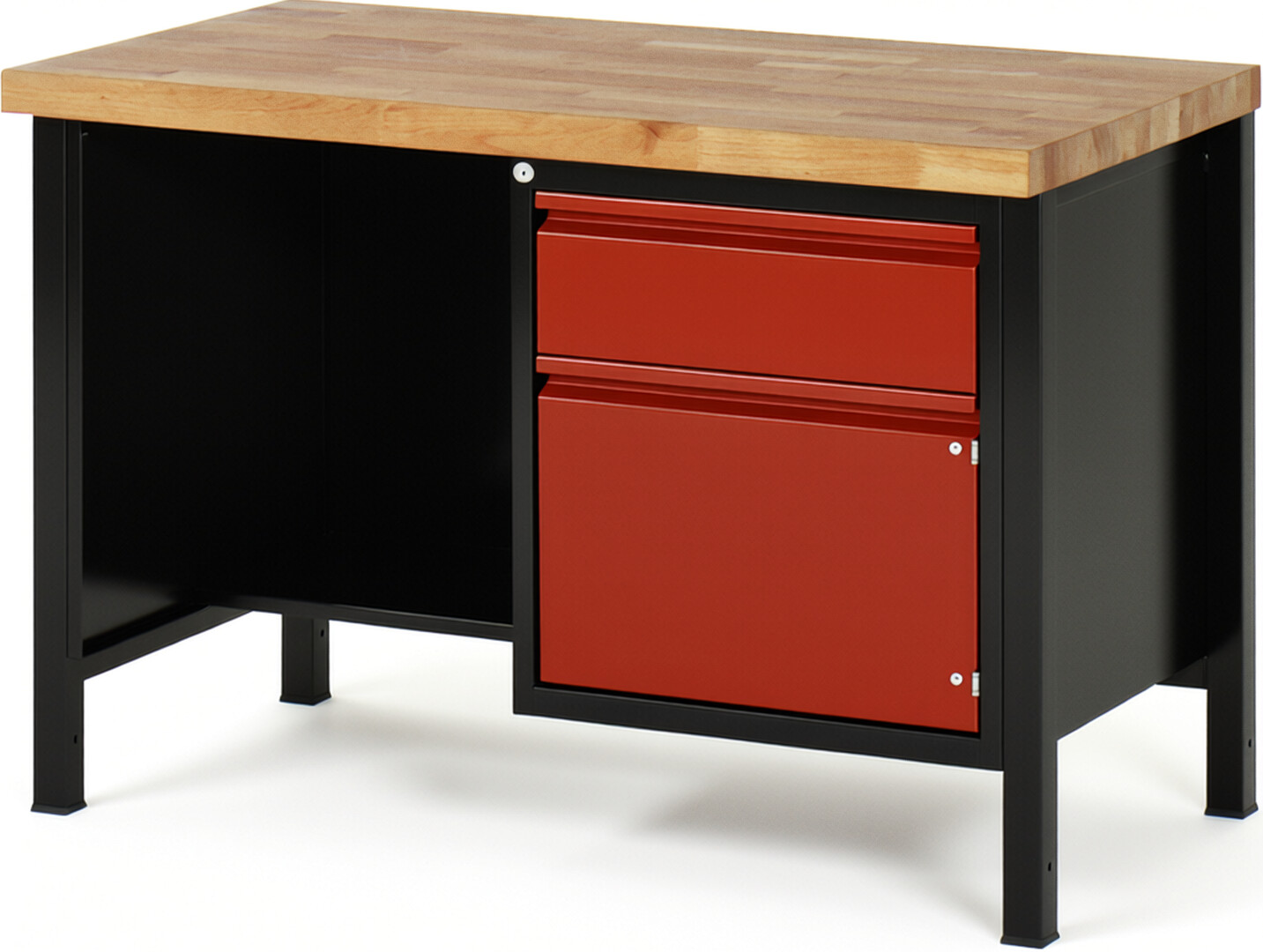 RAU Werkbank schwarz - rot - Breite 125 cm - Tiefe 70 cm - Höhe 84 cm - Buche-Massiv Arbeitsplatte 40 mm