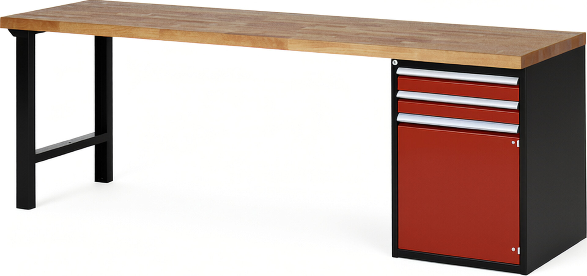 RAU Werkbank schwarz - rot - Breite 250 cm - Tiefe 70 cm - Höhe 84 cm - Buche-Massiv Arbeitsplatte 40 mm