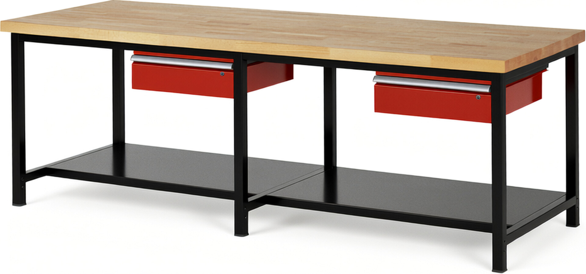 RAU Werkbank schwarz - rot - Breite 250 cm - Tiefe 90 cm - Höhe 104 cm - Buche-Massiv Arbeitsplatte 40 mm