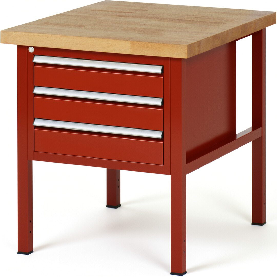 Werkbank Modell 8127 rot, BxTxH 750x900x840-1040 mm,  Buche-Massiv Arbeitsplatte 40 mm,  3 Schubladen mit  Vollauszug 100 % und  SoftClosing