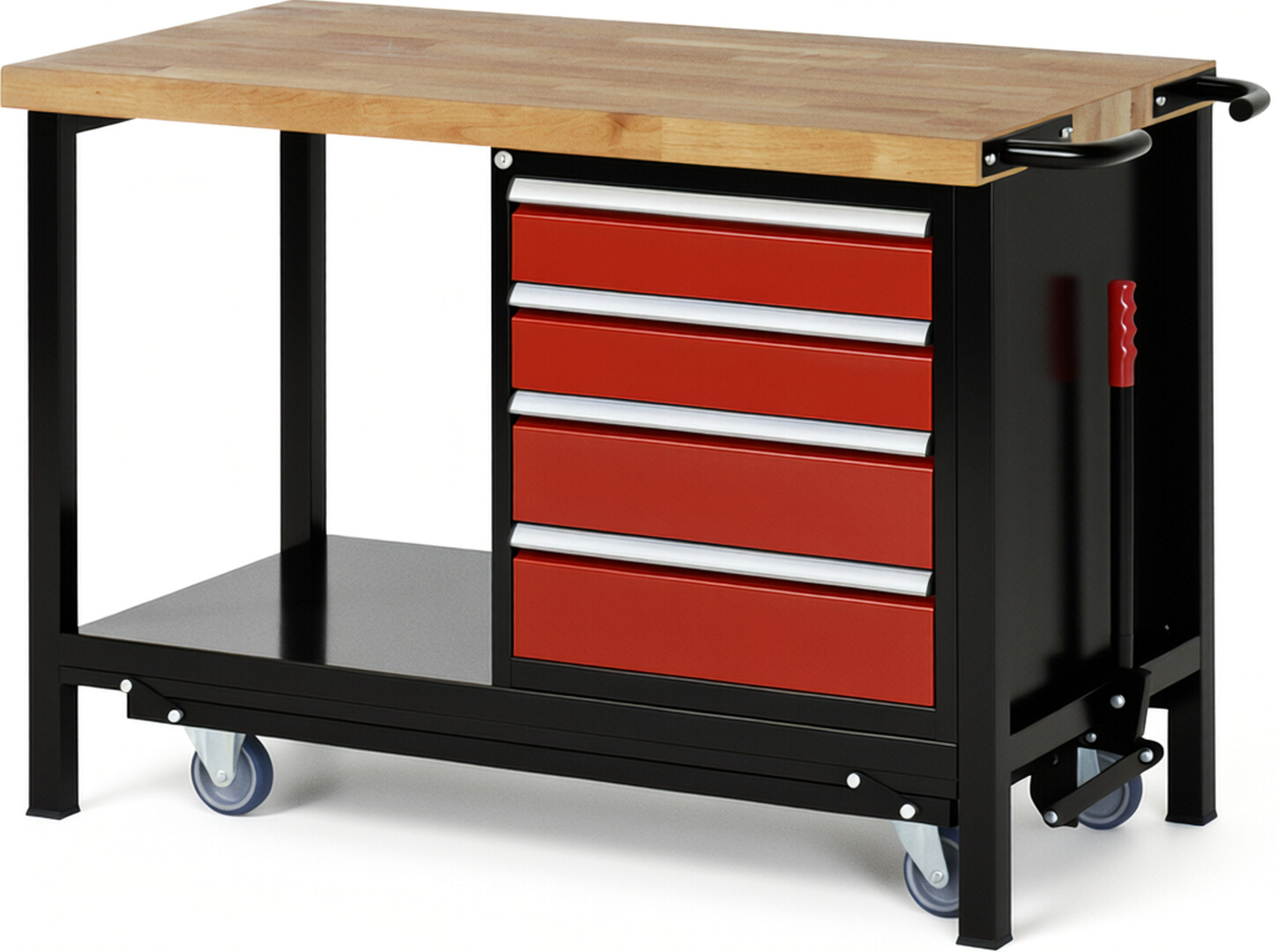 RAU Werkbank schwarz - rot - Breite 125 cm - Tiefe 70 cm - Höhe 88 cm - Buche-Massiv Arbeitsplatte 40 mm