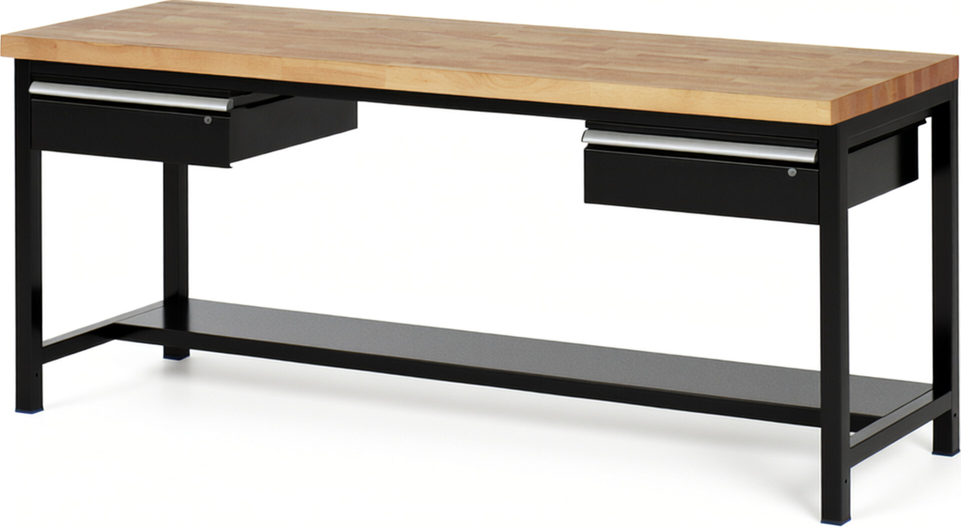 Werkbank Modell 8002 schwarz, BxTxH 2000x700x840 mm,  Buche-Massiv Arbeitsplatte 40 mm,  2 Schubladen mit  Auszug 90 %