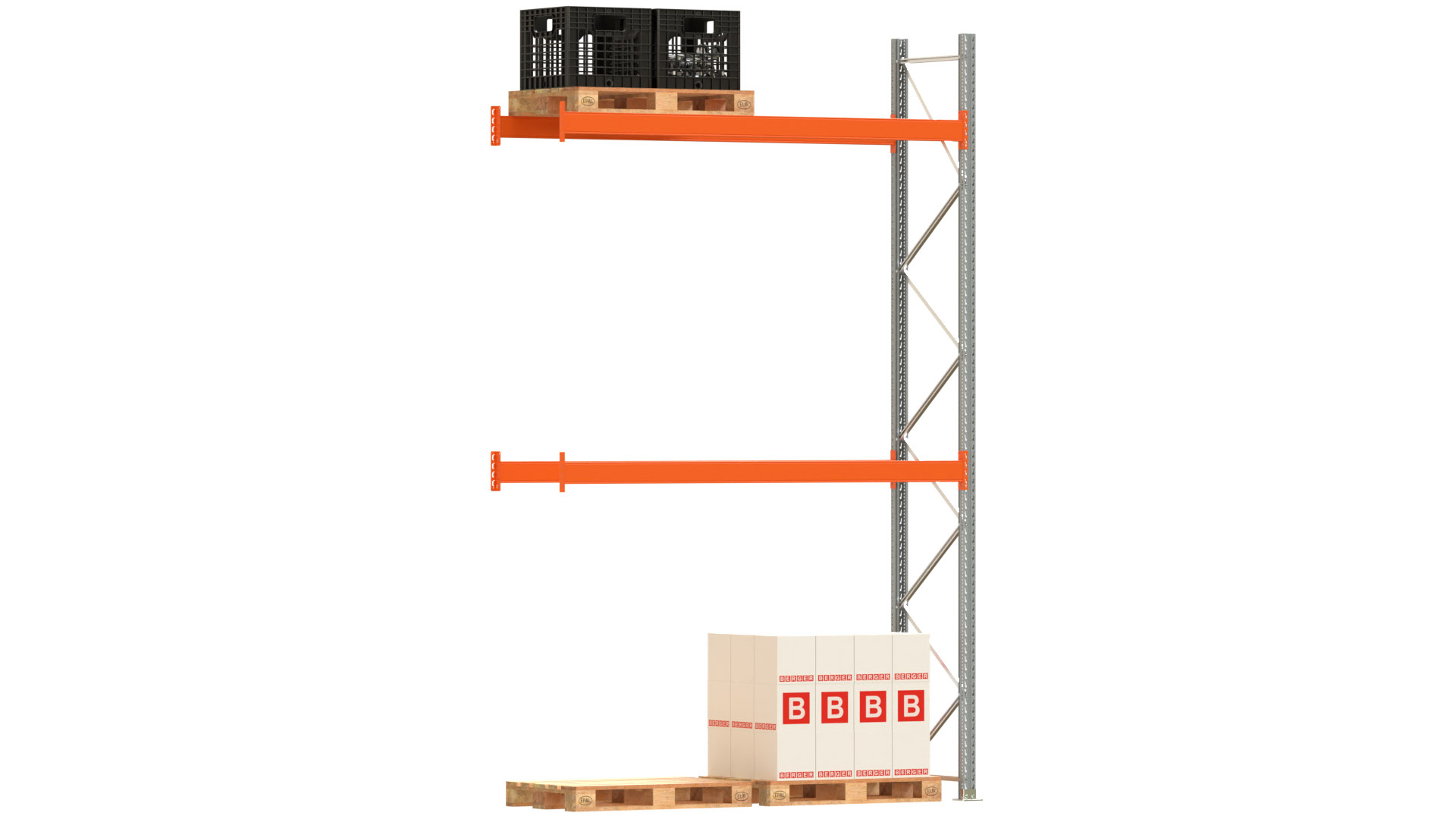 Palettenregal ARTUS - Anbaufeld - Breite 278,5 cm - Höhe 450 cm - Tiefe 80 cm - 2 Träger Ebenen