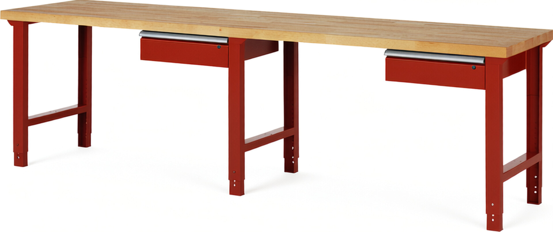 Werkbank Modell 7001 rot, BxTxH 3000x700x790-1140 mm,  Buche-Massiv Arbeitsplatte 40 mm,  2 Schubladen mit  Auszug 90 %