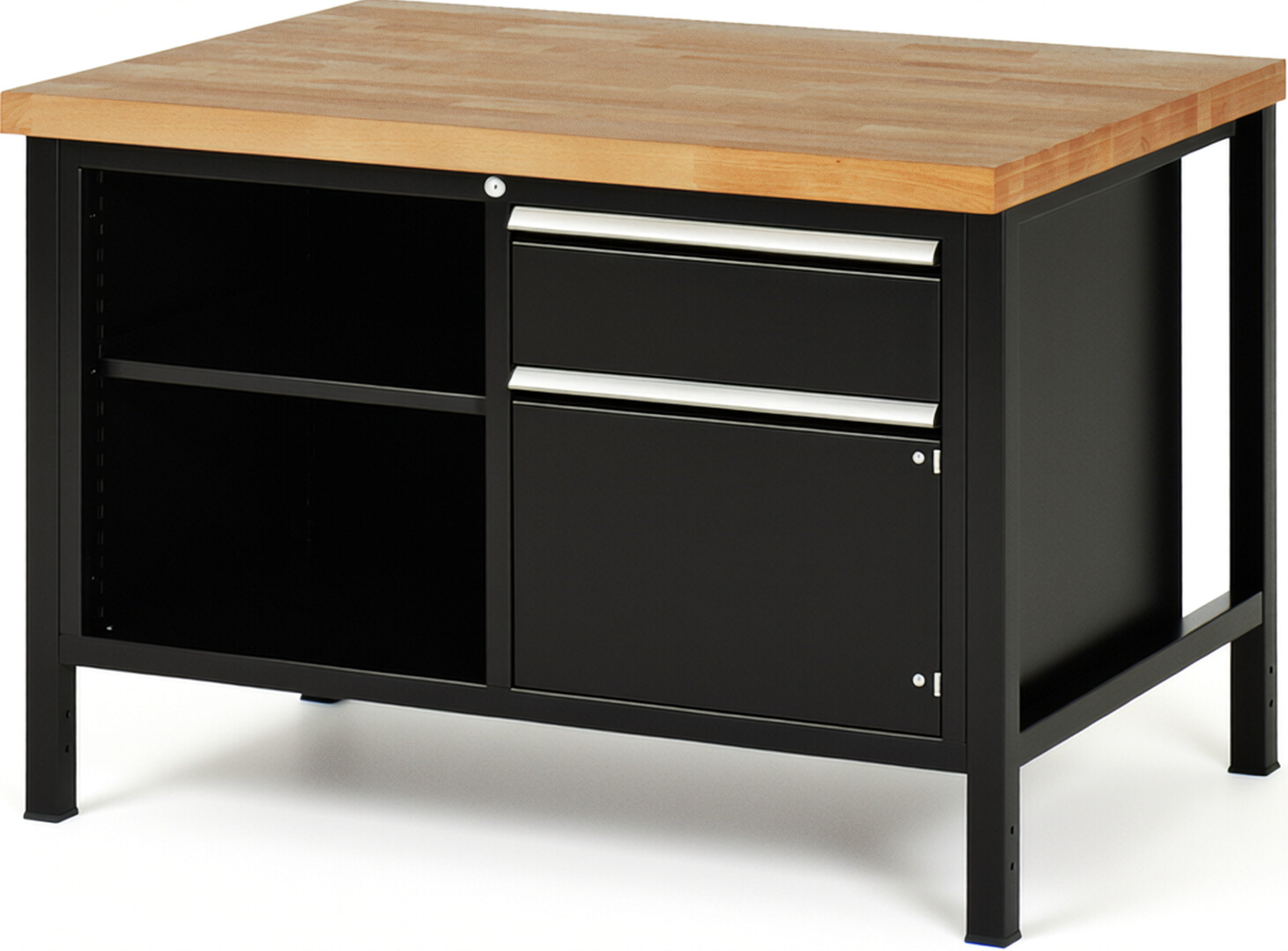 Werkbank Modell 8461 schwarz, BxTxH 1250x900x840-1040 mm,  Buche-Massiv Arbeitsplatte 40 mm,  1 Schublade mit  Auszug 90 %