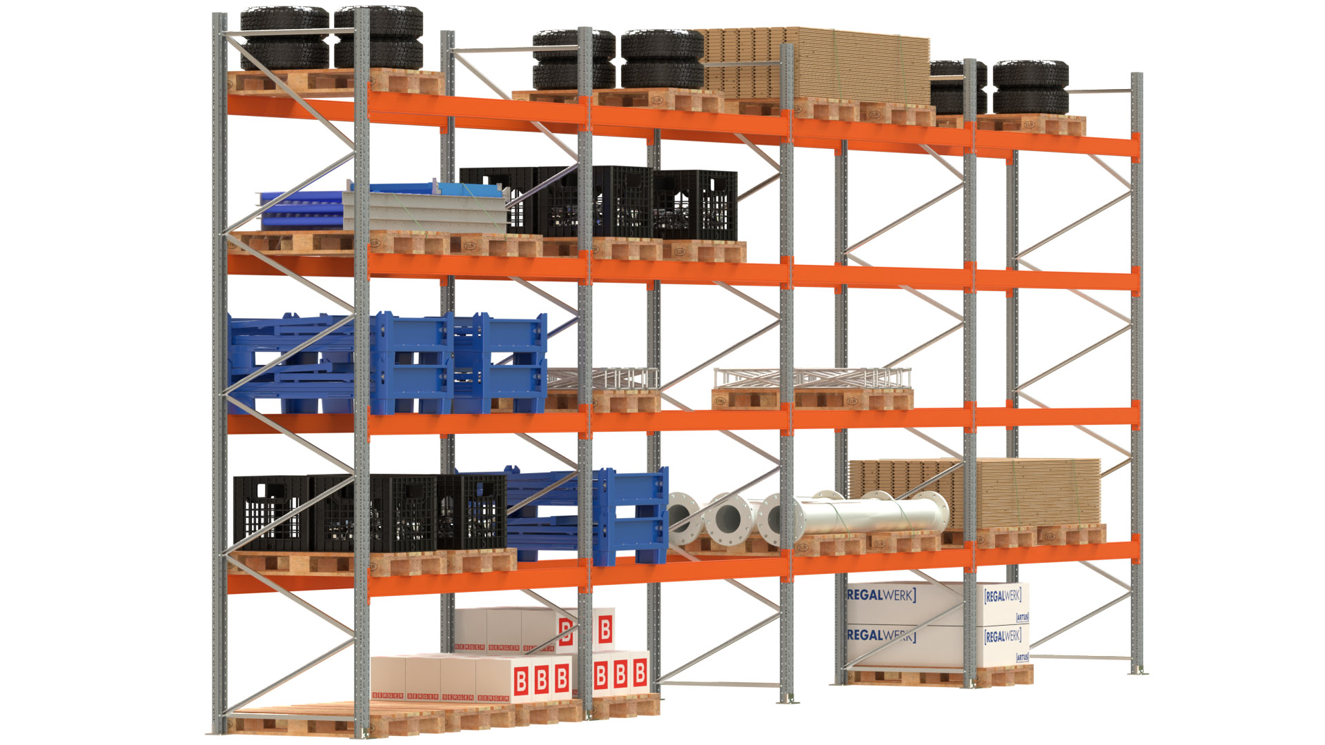 Palettenregal ARTUS - Breite 1122,5 cm - Höhe 450 cm - Tiefe 110 cm - 4 Träger-Ebenen - Fachlast 2700 kg - 60 Palettenstellplätze