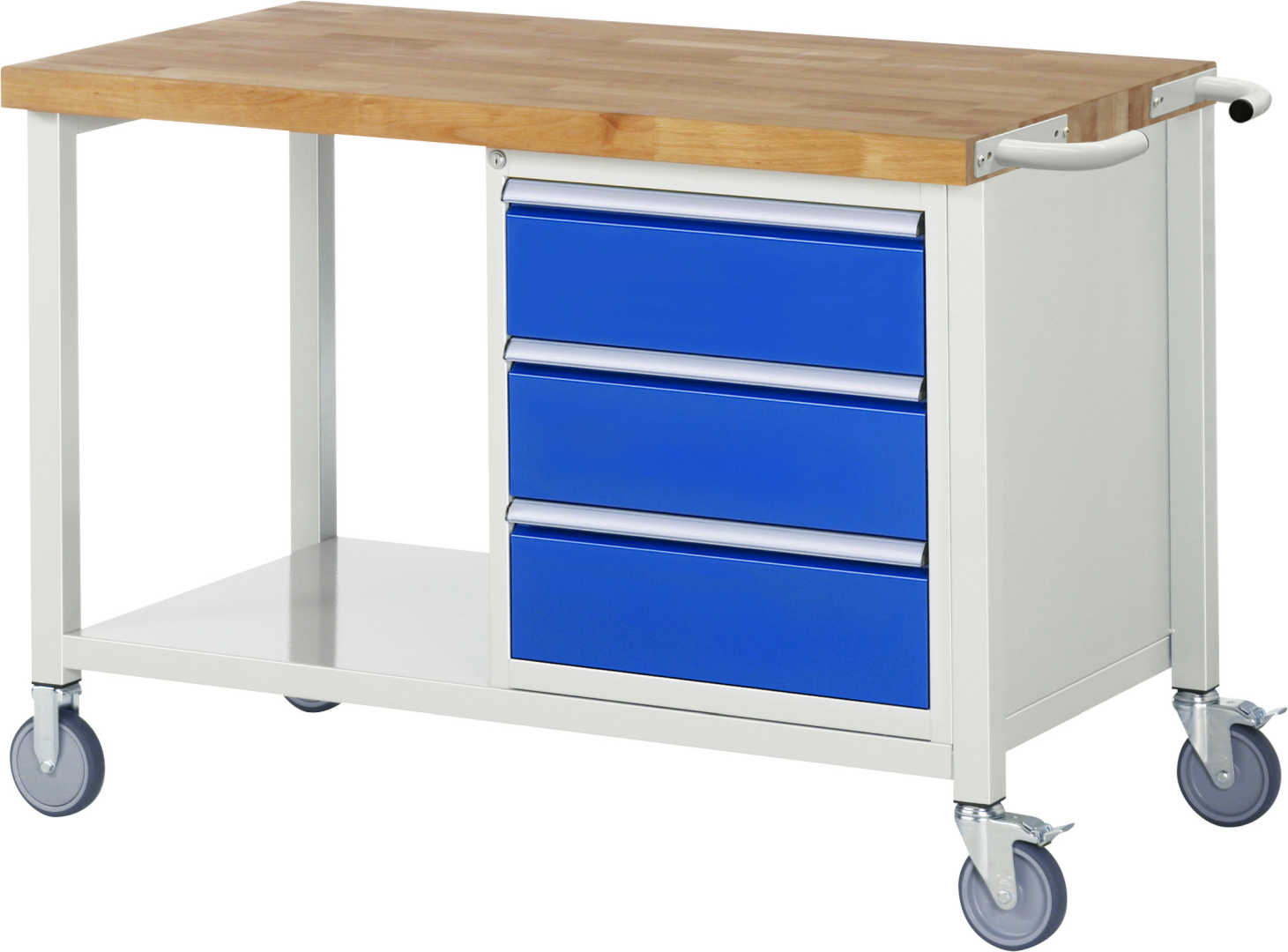 Fahrbare Werkbank Modell 8157 rot - schwarz, BxTxH 1250x700x880-1080 mm,  Buche-Massiv Arbeitsplatte 40 mm,  3 Schubladen mit  Auszug 90 %