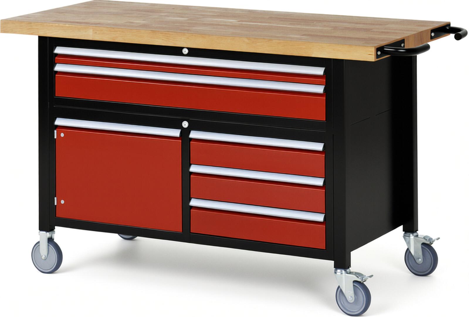RAU Werkbank schwarz - rot - Breite 150 cm - Tiefe 70 cm - Höhe 112 cm - Buche-Massiv Arbeitsplatte 40 mm