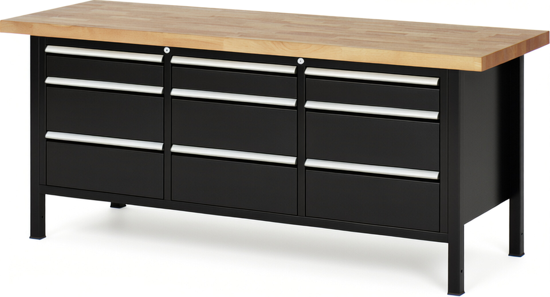 Werkbank Modell 8573 schwarz, BxTxH 2000x700x840-1040 mm,  Buche-Massiv Arbeitsplatte 40 mm,  9 Schubladen mit  Vollauszug 100 % und  SoftClosing