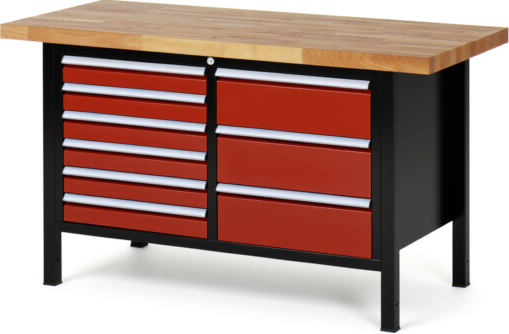 Werkbank Modell 8479 schwarz-rot, BxTxH 1500x700x840 mm,  Buche-Massiv Arbeitsplatte 40 mm,  9 Schubladen mit  Vollauszug 100 % und  SoftClosing