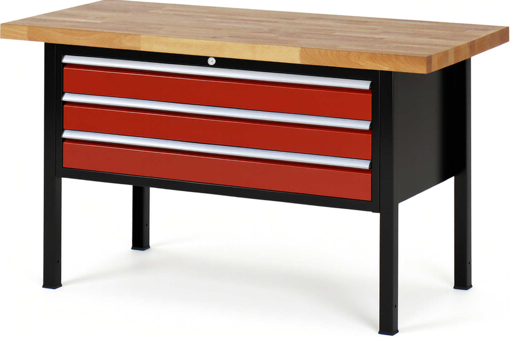 Werkbank Modell 8327 schwarz-rot, BxTxH 1500x700x840-1040 mm,  Buche-Massiv Arbeitsplatte 40 mm,  3 Schubladen mit  Auszug 90 %