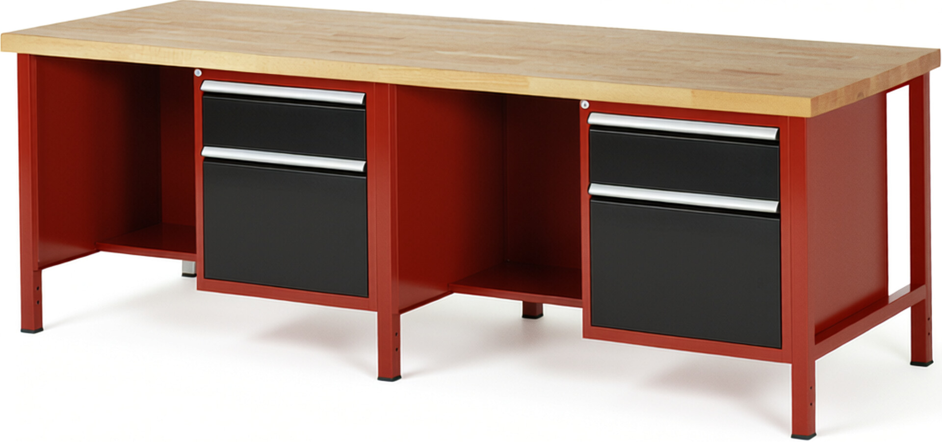 Werkbank Modell 8451 rot - schwarz, BxTxH 2500x900x840 mm,  Buche-Massiv Arbeitsplatte 40 mm,  4 Schubladen mit  Vollauszug 100 % und  SoftClosing