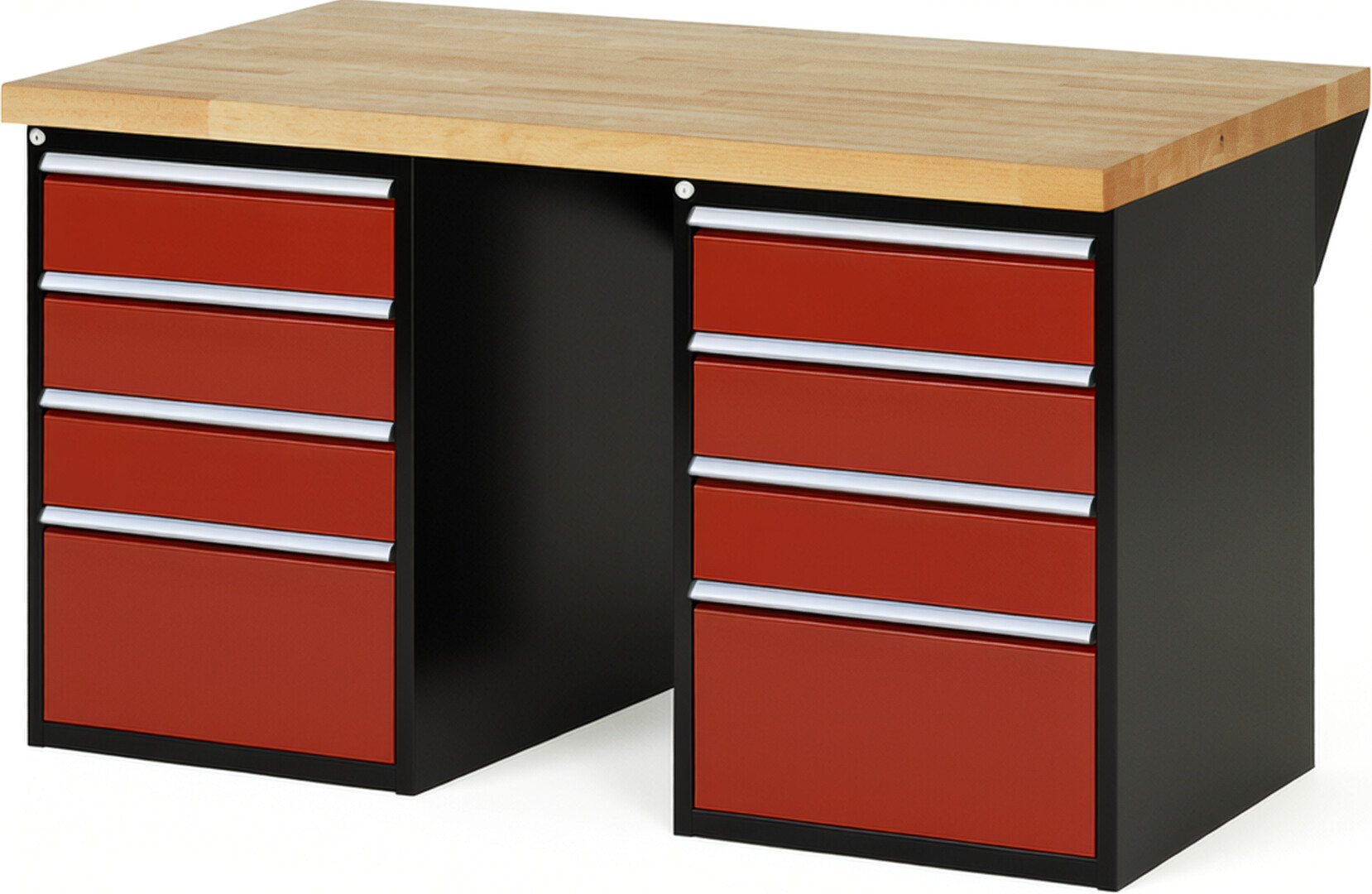 RAU Werkbank schwarz - rot - Breite 150 cm - Tiefe 90 cm - Höhe 84 cm - Buche-Massiv Arbeitsplatte 40 mm