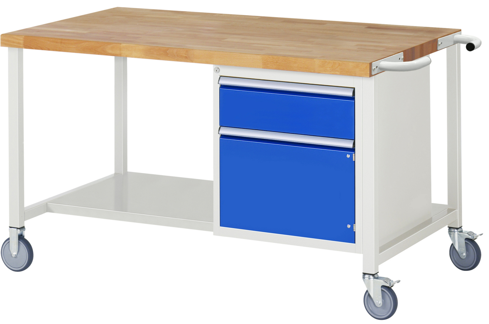 Fahrbare Werkbank Modell 8152,  BxTxH 1500x900x880 mm,  Buche-Massiv Arbeitsplatte 40 mm,  1 Schublade mit  Vollauszug 100 % und  SoftClosing