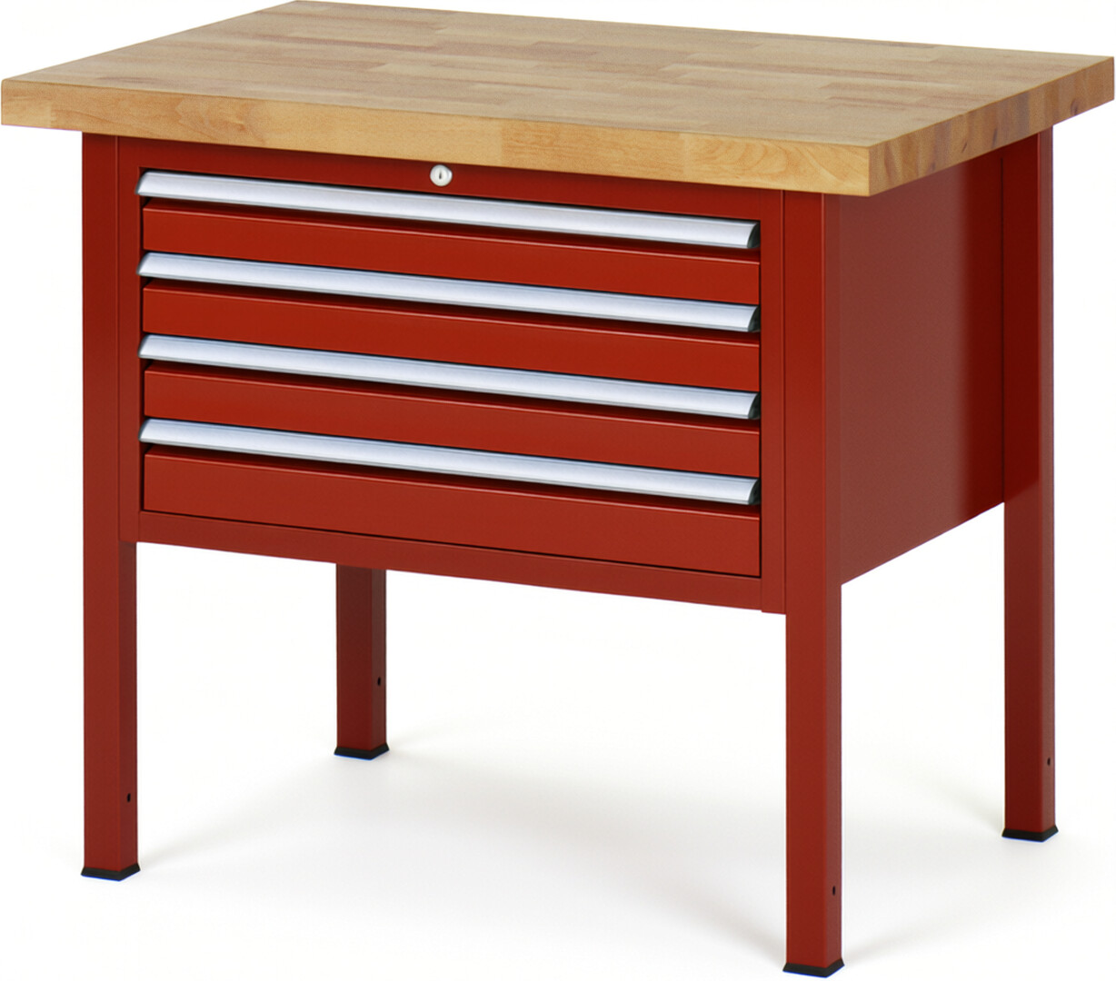 Werkbank Modell 8233 rot, BxTxH 1000x700x840-1040 mm,  Buche-Massiv Arbeitsplatte 40 mm,  4 Schubladen mit  Auszug 90 %