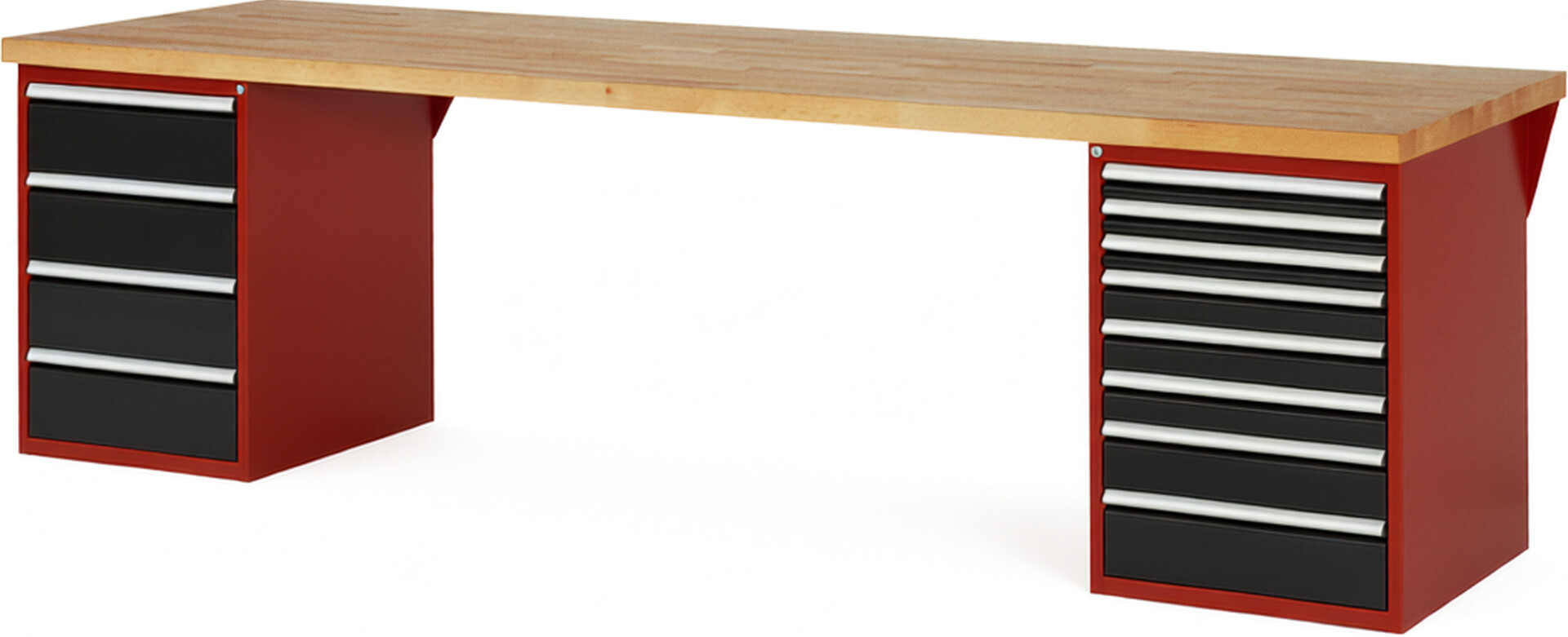 Werkbank Modell 7822 rot - schwarz, BxTxH 3000x900x890 mm,  Buche-Massiv Arbeitsplatte 40 mm,  12 Schubladen mit  Vollauszug 100 % und  SoftClosing