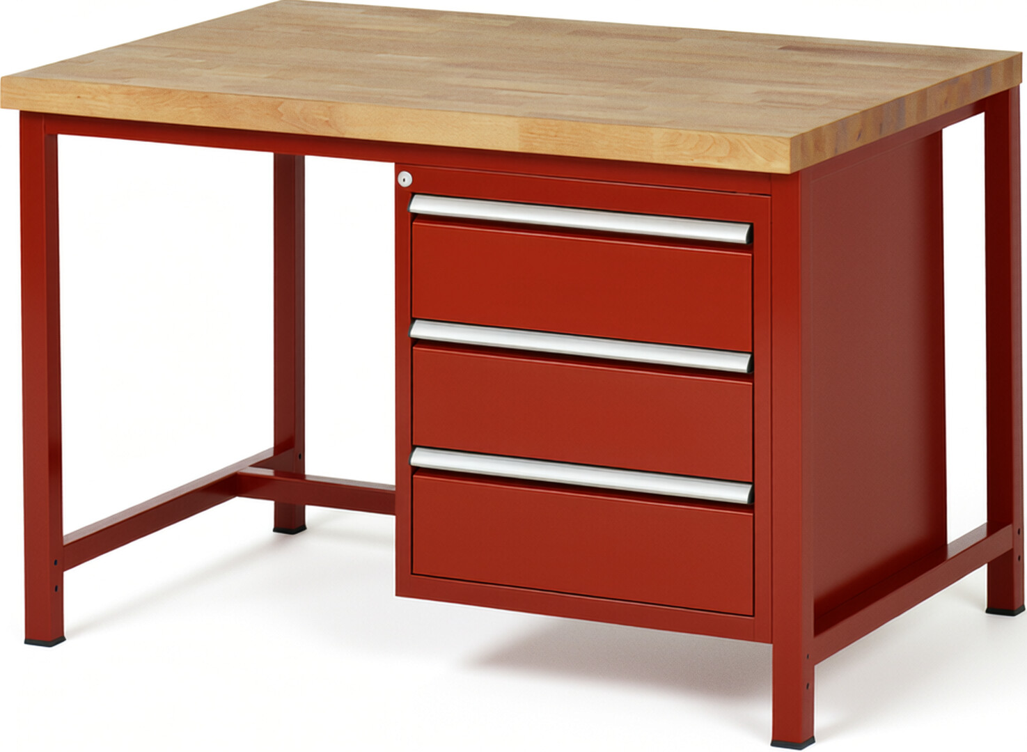 Werkbank Modell 8157 rot, BxTxH 1250x900x840 mm,  Buche-Massiv Arbeitsplatte 40 mm,  3 Schubladen mit  Vollauszug 100 % und  SoftClosing