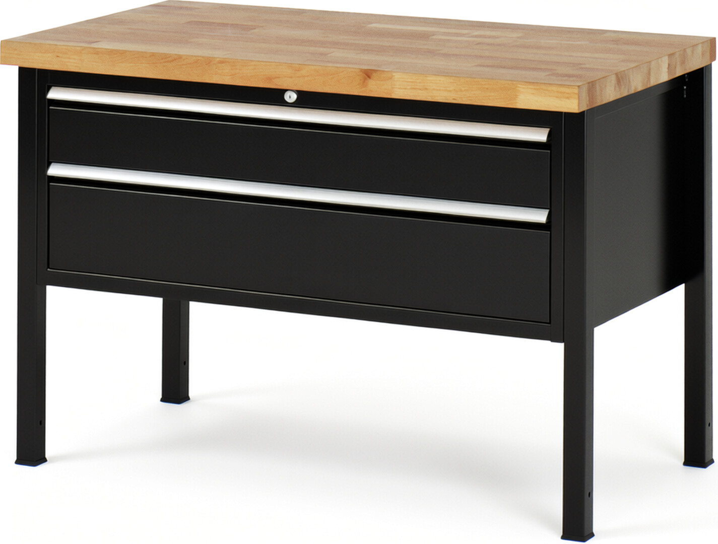 Werkbank Modell 8323 schwarz, BxTxH 1250x700x840 mm,  Buche-Massiv Arbeitsplatte 40 mm,  2 Schubladen mit  Vollauszug 100 % und  SoftClosing