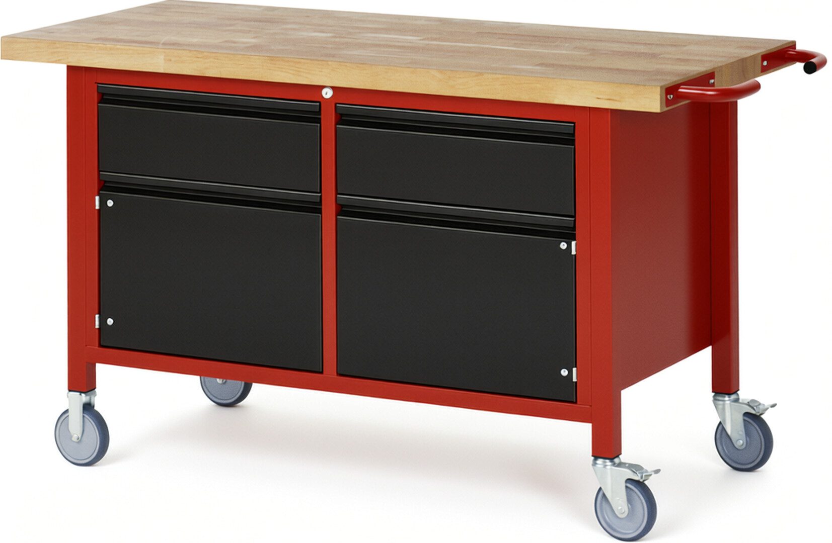 Fahrbare Werkbank - Modell 8466 BASIC rot - schwarz, BxTxH 1500x700x880 mm,  Buche-Massiv Arbeitsplatte 40 mm,  2 Schubladen mit  Auszug 90 %