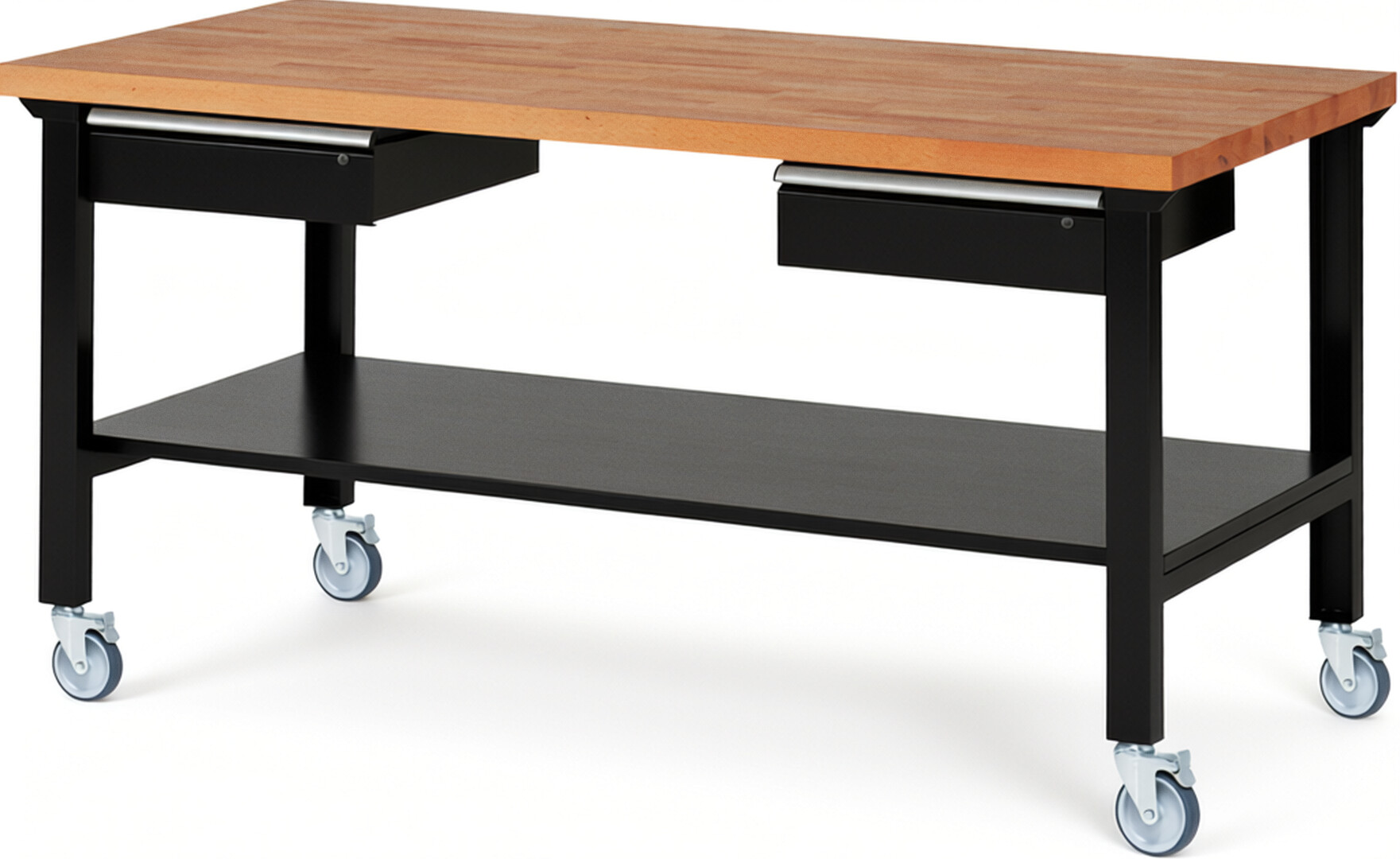 RAU Werkbank schwarz - Breite 200 cm - Tiefe 90 cm - Höhe 100 cm - Buche-Massiv Arbeitsplatte 40 mm