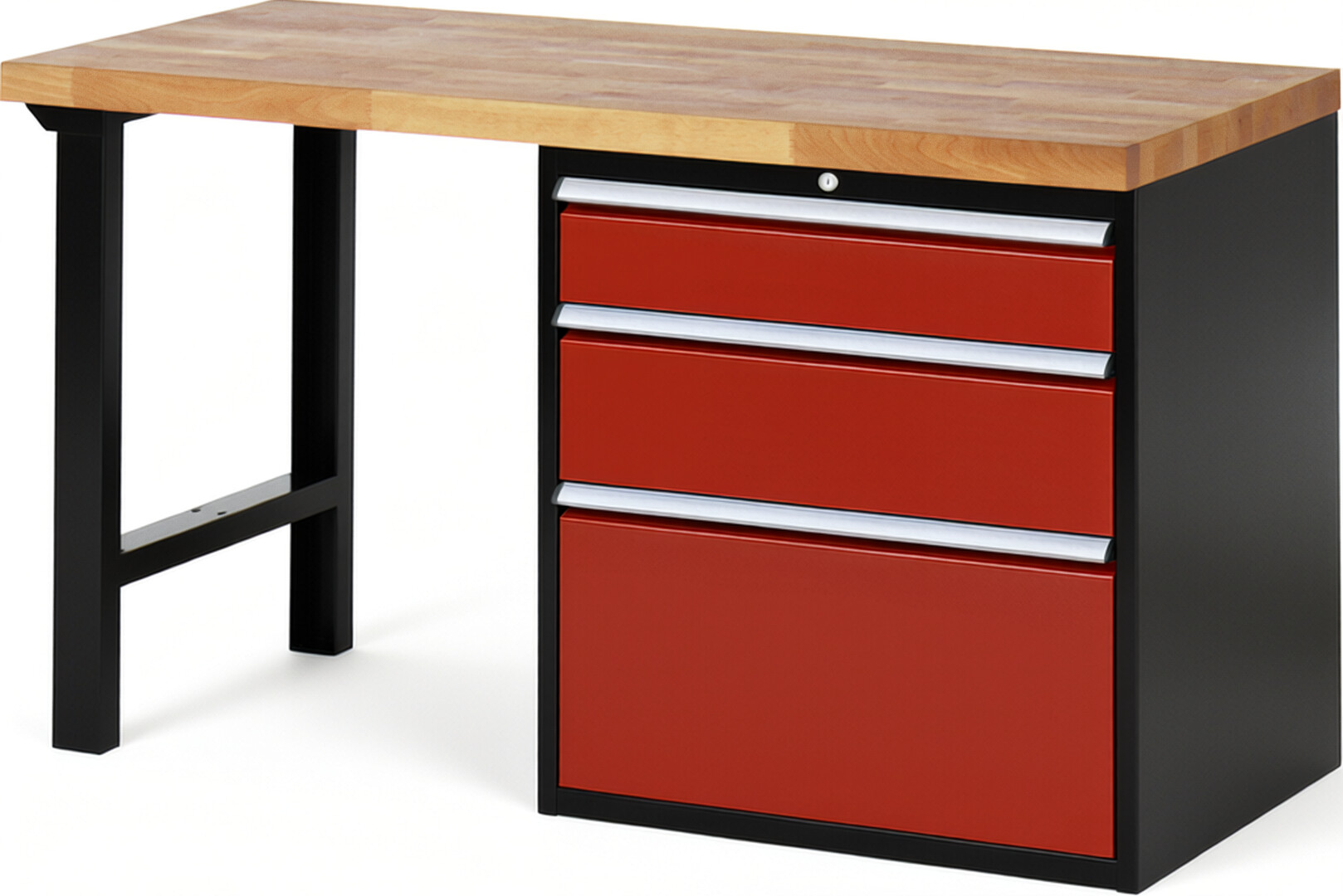 RAU Werkbank schwarz - rot - Breite 150 cm - Tiefe 70 cm - Höhe 89 cm - Buche-Massiv Arbeitsplatte 40 mm