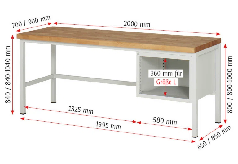 Werkbank Modell 8125 schwarz, BxTxH 2000x700x840-1040 mm,  Buche-Massiv Arbeitsplatte 40 mm,  2 Schubladen mit  Auszug 90 %