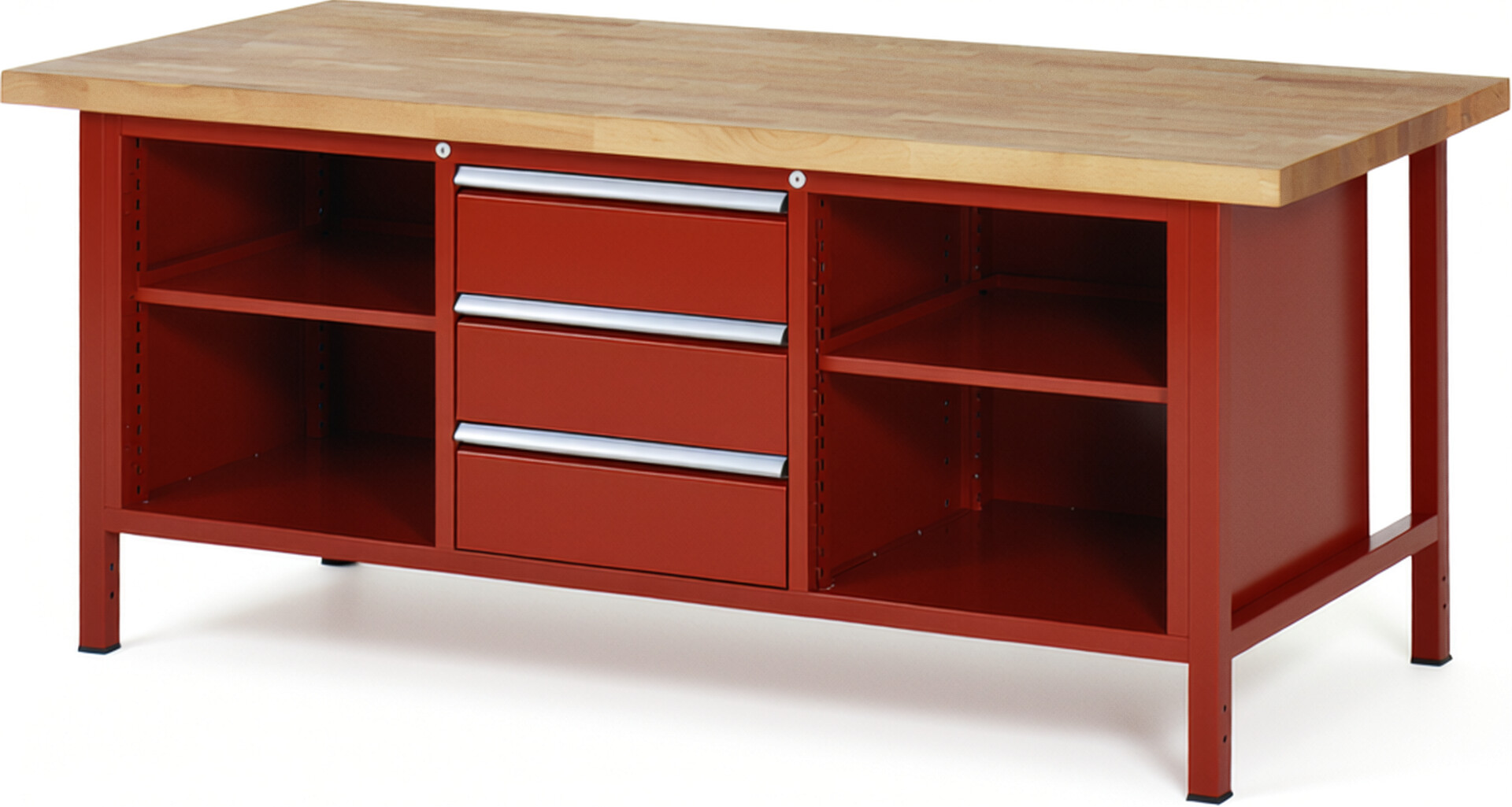 Werkbank Modell 8565 rot, BxTxH 2000x900x840-1040 mm,  Buche-Massiv Arbeitsplatte 40 mm,  3 Schubladen mit  Vollauszug 100 % und  SoftClosing