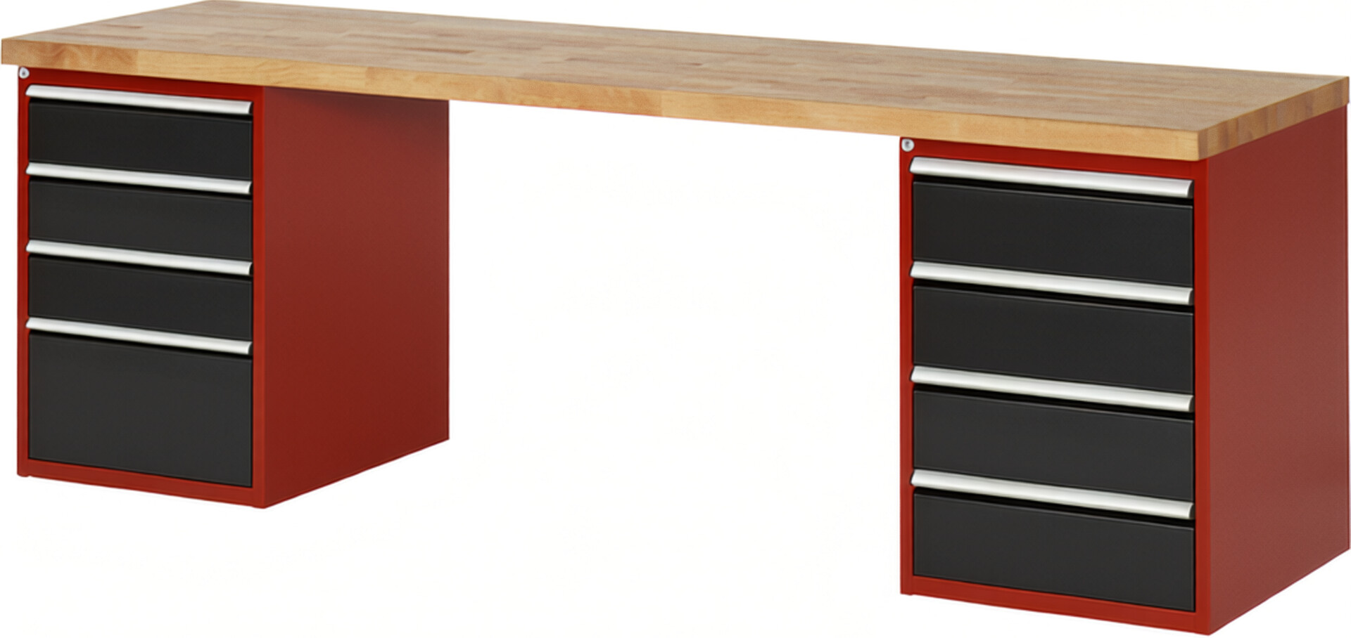 RAU Werkbank rot - schwarz - Breite 250 cm - Tiefe 70 cm - Höhe 89 cm - Buche-Massiv Arbeitsplatte 40 mm