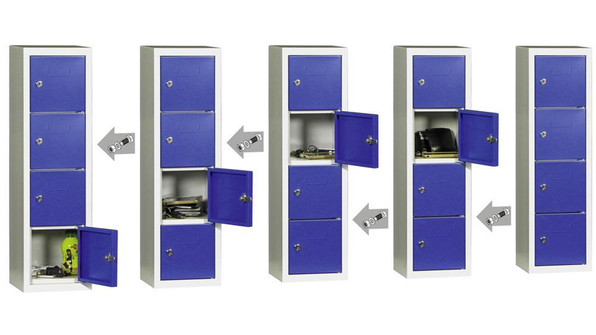 Schließfachschrank, Schließfachsäule - 778 x 225 x 200 mm (HxBxT) - 4 Fächer - Türen mit Etikettenrahmen - lichtgrau/enzianblau