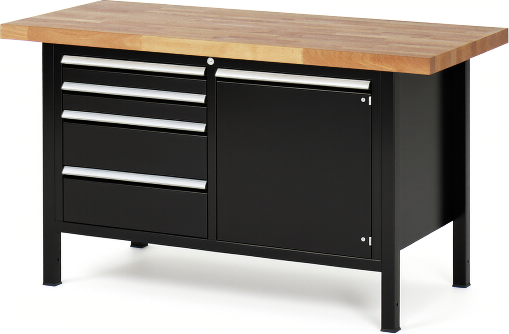 Werkbank Modell 8470 schwarz, BxTxH 1500x700x840-1040 mm,  Buche-Massiv Arbeitsplatte 40 mm,  4 Schubladen mit  Auszug 90 %