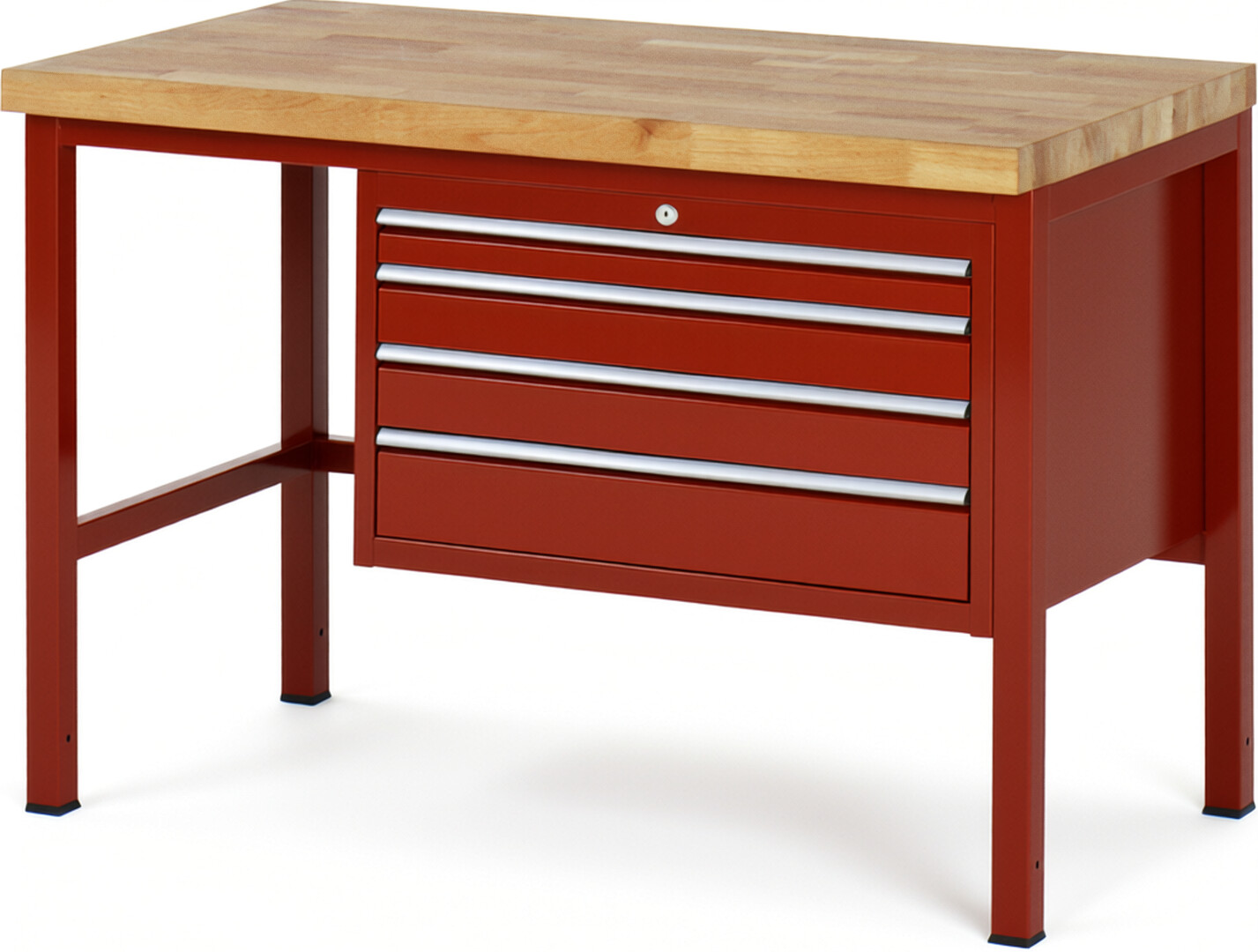 Werkbank Modell 8232 rot, BxTxH 1250x700x840 mm,  Buche-Massiv Arbeitsplatte 40 mm,  4 Schubladen mit  Vollauszug 100 % und  SoftClosing