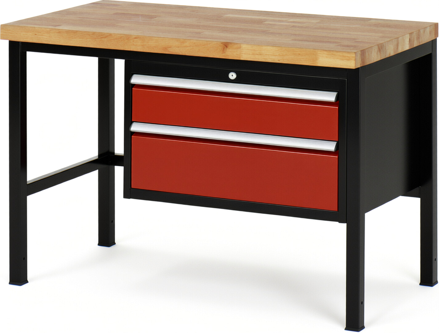 RAU Werkbank schwarz - rot - Breite 125 cm - Tiefe 70 cm - Höhe 104 cm - Buche-Massiv Arbeitsplatte 40 mm