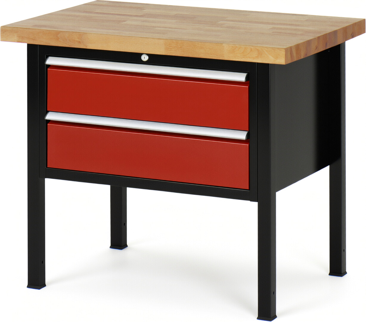 Werkbank Modell 8225 schwarz-rot, BxTxH 1000x700x840-1040 mm,  Buche-Massiv Arbeitsplatte 40 mm,  2 Schubladen mit  Vollauszug 100 % und  SoftClosing