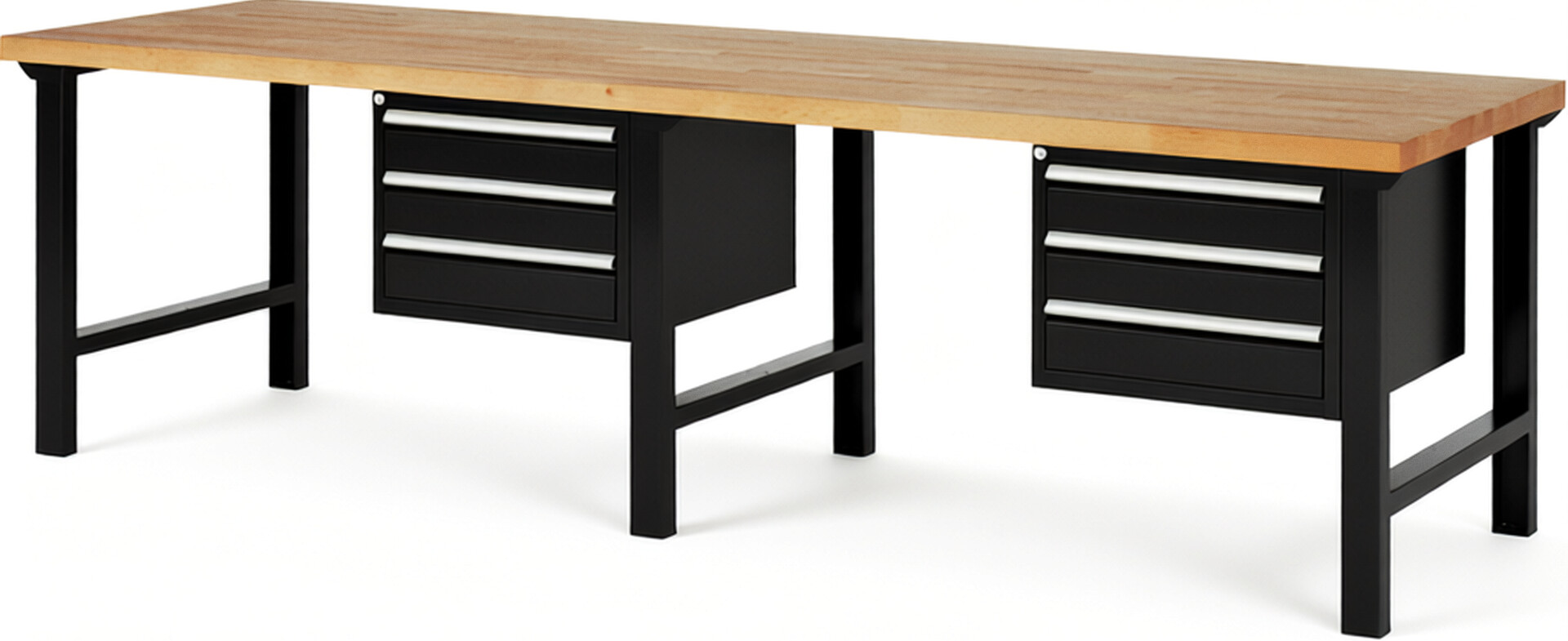 Werkbank Modell 7127 schwarz, BxTxH 3000x900x840 mm,  Buche-Massiv Arbeitsplatte 40 mm,  6 Schubladen mit  Vollauszug 100 % und  SoftClosing