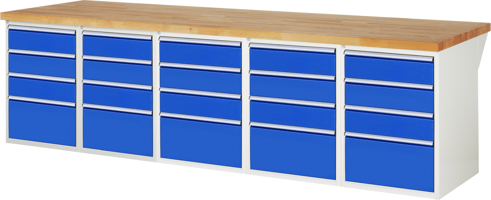 Werkbank Modell 7510 rot - schwarz, BxTxH 3000x900x890 mm,  Buche-Massiv Arbeitsplatte 40 mm,  20 Schubladen mit  Auszug 90 %