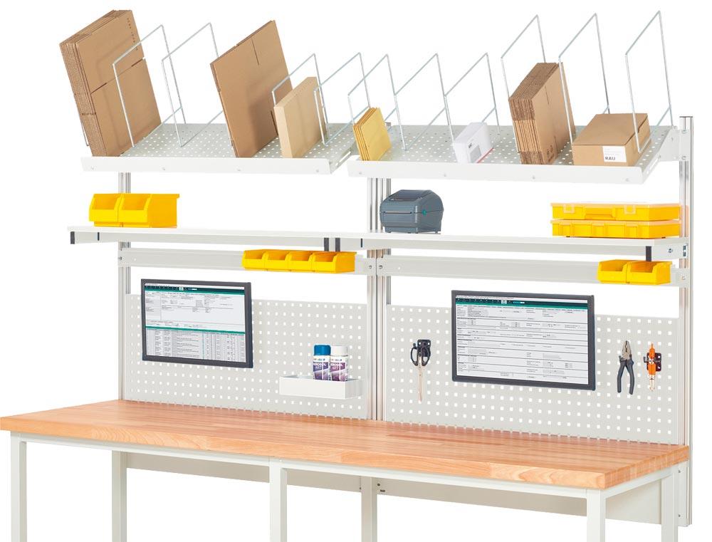 Aufbau für Werkbank B 2500 mm mit Etagenbord, Lochplatte H 450 mm, Montageadapter, Kartonagemagazin,Halteschiene, RAL 7035