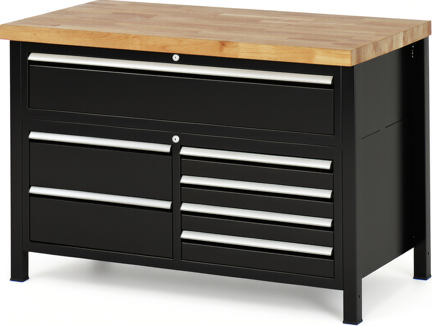 Werkbank Modell 8921 schwarz, BxTxH 1250x700x840 mm,  Buche-Massiv Arbeitsplatte 40 mm,  7 Schubladen mit  Vollauszug 100 % und  SoftClosing