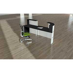 Design-Theke, Empfangstheke, BxTxH 2800x950x1100/740 mm, gebogen, Tisch mitte, weiß mit Edelstahldekor
