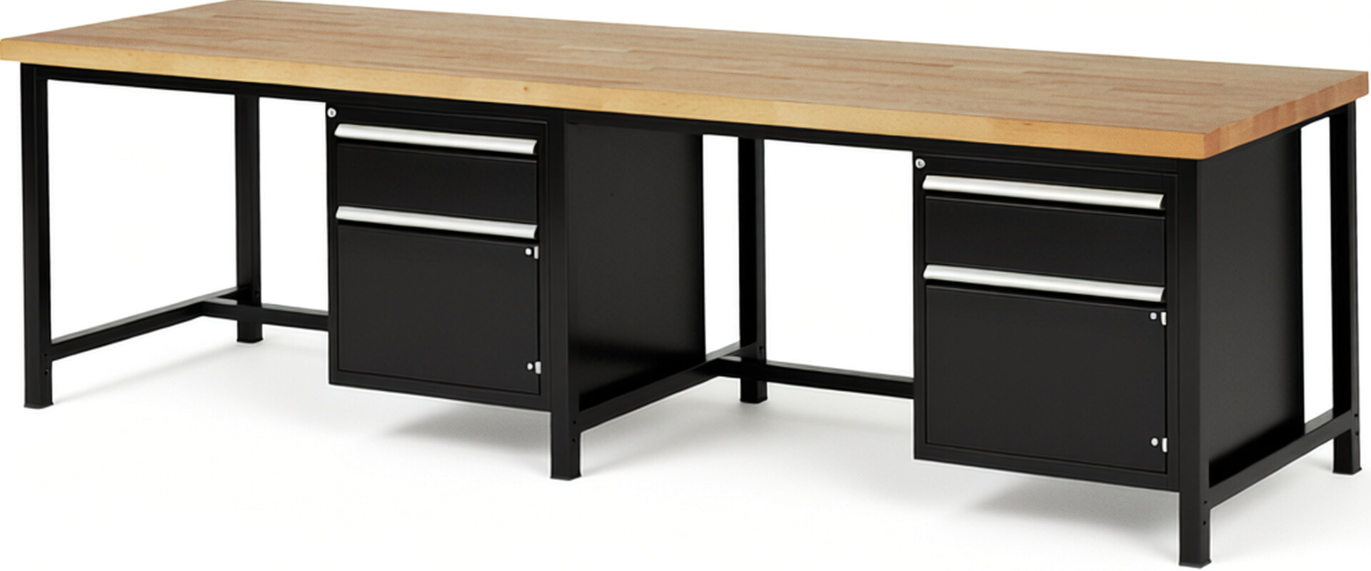 Werkbank Modell 8152 schwarz, BxTxH 3000x900x840-1040 mm,  Buche-Massiv Arbeitsplatte 40 mm,  2 Schubladen mit  Vollauszug 100 % und  SoftClosing