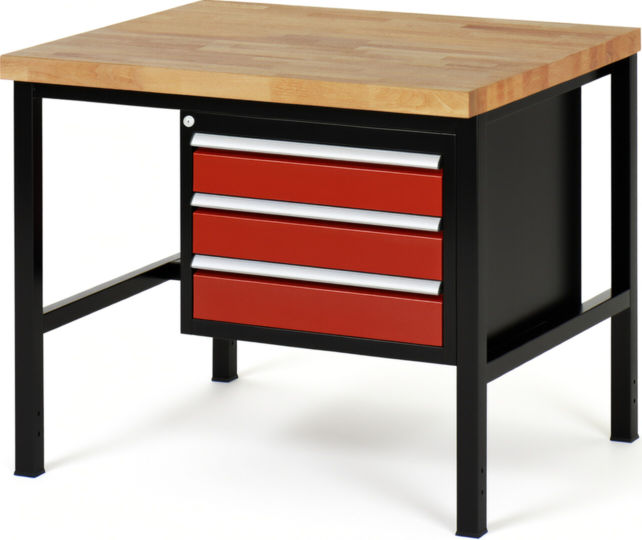 Werkbank Modell 8127 schwarz-rot, BxTxH 1000x900x840-1040 mm,  Buche-Massiv Arbeitsplatte 40 mm,  3 Schubladen mit  Vollauszug 100 % und  SoftClosing