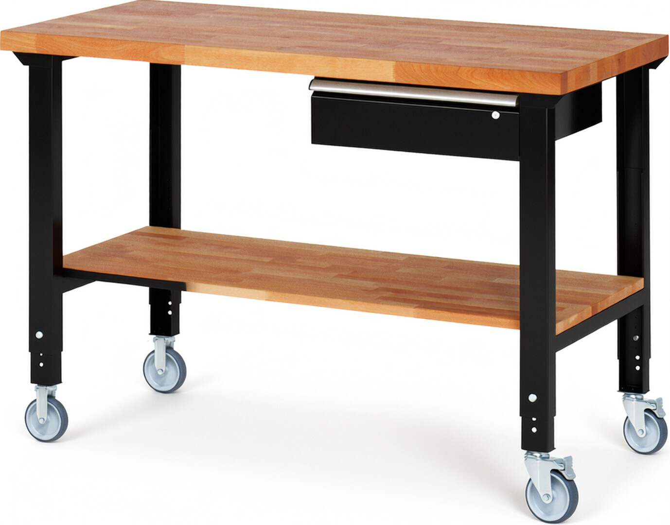 RAU Werkbank schwarz - Breite 150 cm - Tiefe 70 cm - Höhe 100 cm - Buche-Massiv Arbeitsplatte 40 mm