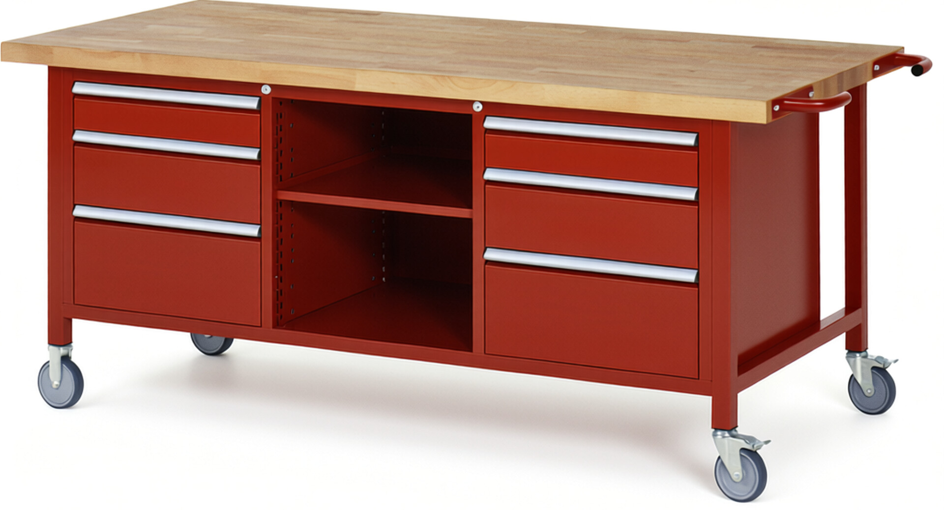 Fahrbare Werkbank Modell 8564 rot, BxTxH 2000x900x880-1080 mm,  Buche-Massiv Arbeitsplatte 40 mm,  6 Schubladen mit  Vollauszug 100 % und  SoftClosing