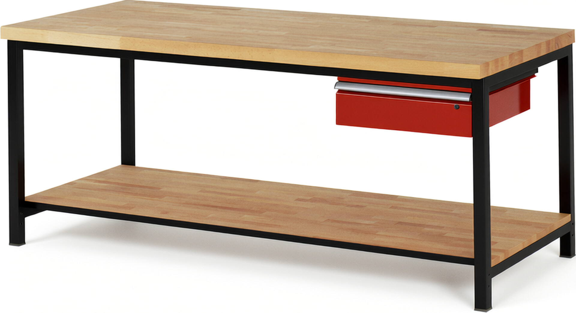 RAU Werkbank schwarz - rot - Breite 200 cm - Tiefe 90 cm - Höhe 104 cm - Buche-Massiv Arbeitsplatte 40 mm