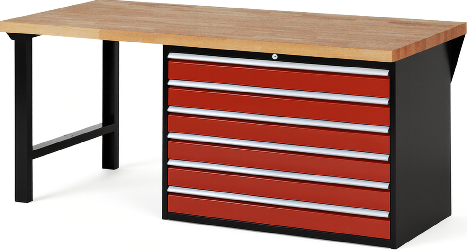 RAU Werkbank schwarz - rot - Breite 200 cm - Tiefe 90 cm - Höhe 84 cm - Buche-Massiv Arbeitsplatte 40 mm