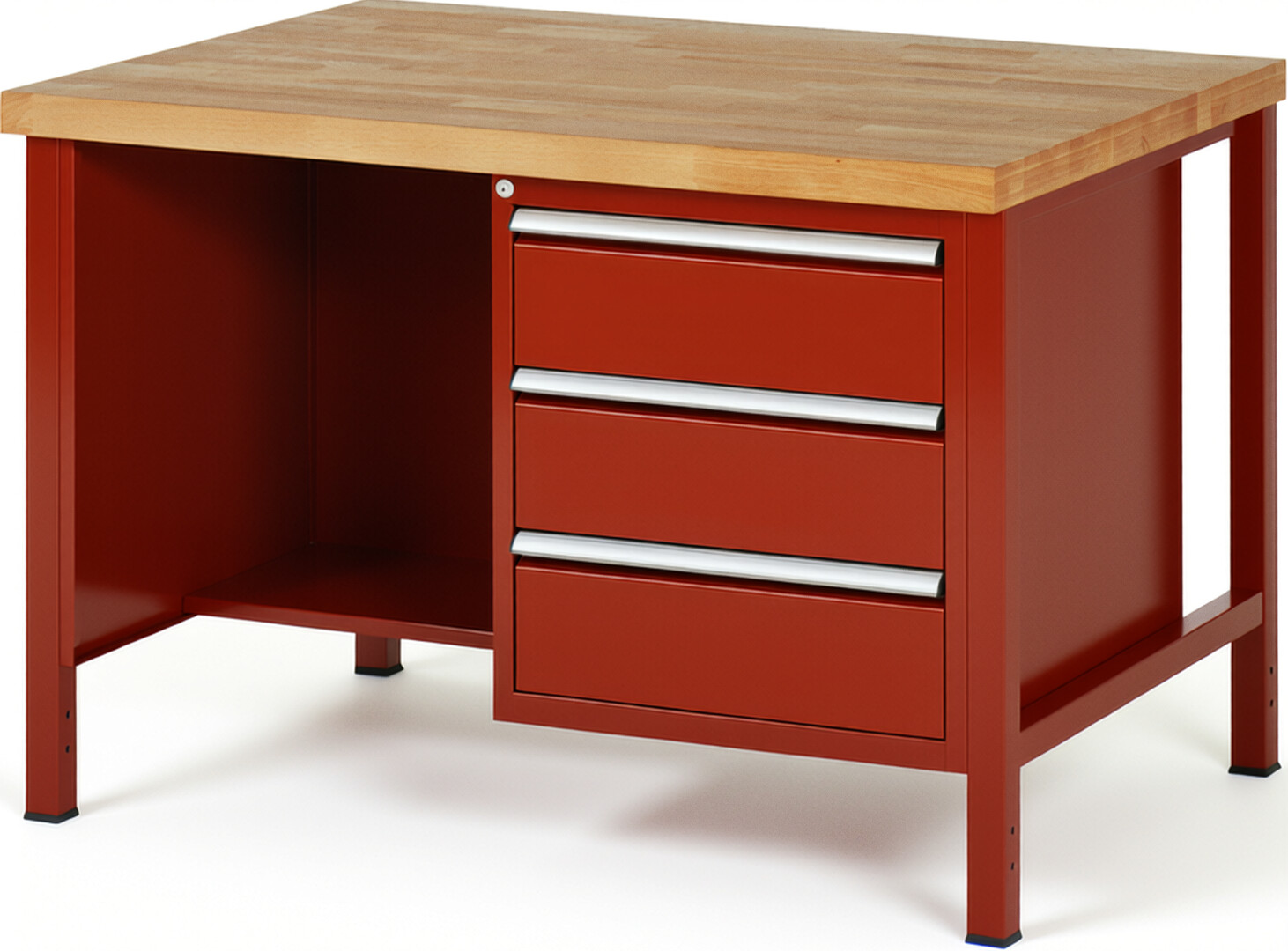 Werkbank Modell 8452 rot, BxTxH 1250x900x840-1040 mm,  Buche-Massiv Arbeitsplatte 40 mm,  3 Schubladen mit  Vollauszug 100 % und  SoftClosing
