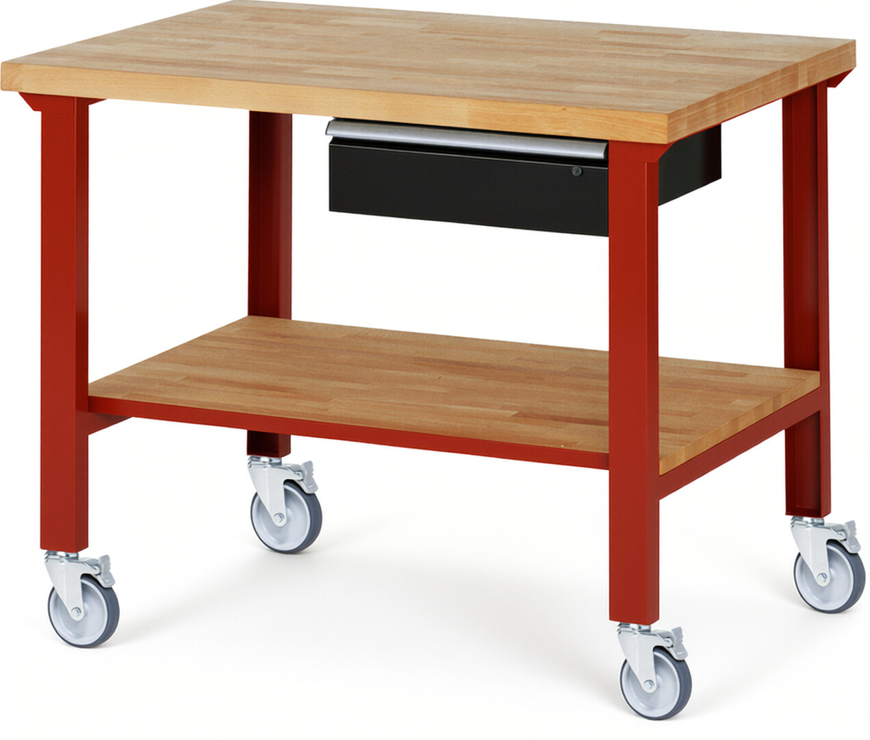 Fahrbare Werkbank Modell 7001 rot - schwarz, BxTxH 1250x900x1000 mm,  Buche-Massiv Arbeitsplatte 40 mm,  1 Schublade mit  Auszug 90 %